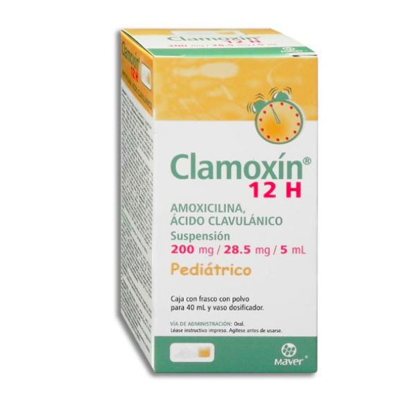 Clamoxinpediatrico.jpg CLAMOXIN PEDIATRICO 12H 200MG (AMOXICILINA, ÁCIDO CLAVULÁNICO)
